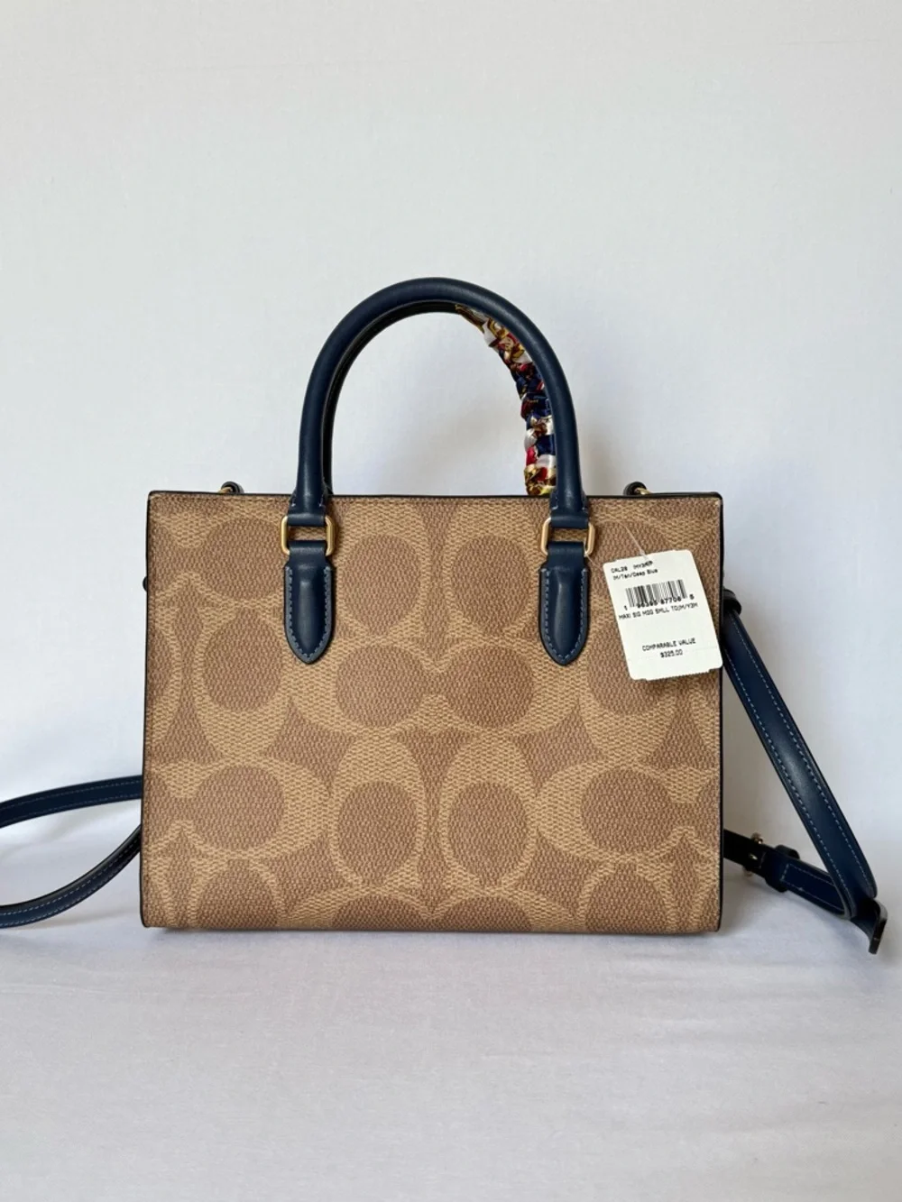 NWT Coach Maggie Small Tote Signature Tan/deep blue Gold hardware crossbody - Picture 4 of 10